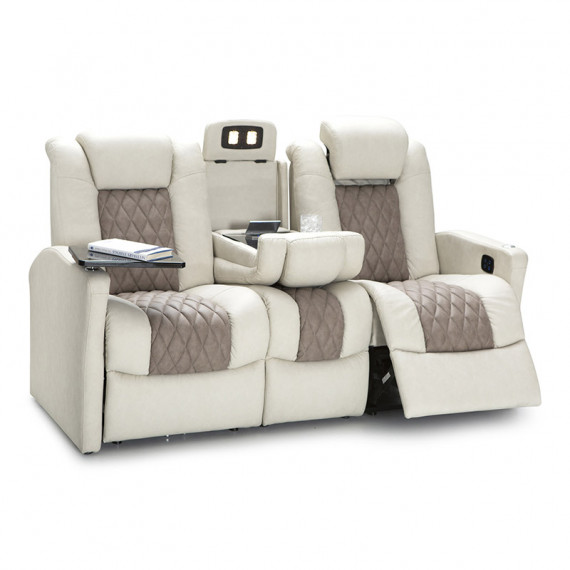 Qualitex Monument RV Double Recliner Sofa, Powered Headrest, Power Recline, Macadamia & Desert Taupe