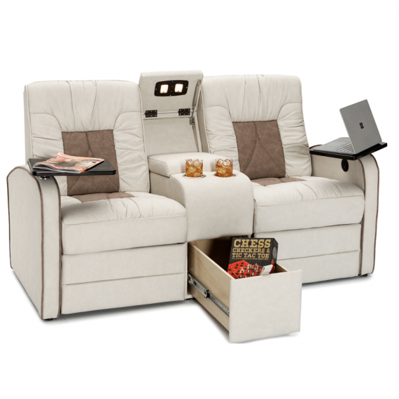 Qualitex De Leon RV Loveseat w/ Storage Console, Ultimate Leather, Power Recline, Macadamia & Desert Taupe Qualitex De Leon RV Loveseat w/ Storage Console, Ultimate Leather, Power Recline, Macadamia & Desert Taupe