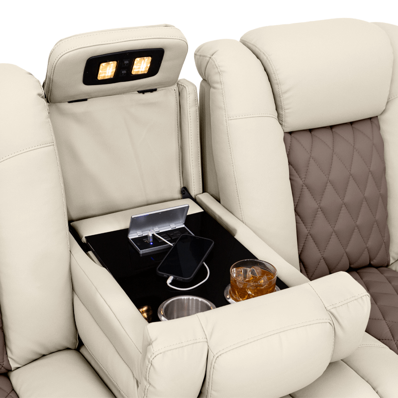 Qualitex Monument RV Double Recliner Sofa, Ultimate Leather, Powered Headrest, Heat & Massage, Power Recline