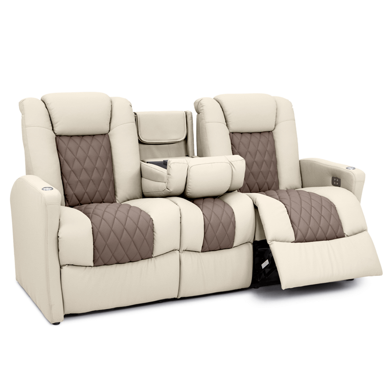 Qualitex Monument RV Double Recliner Sofa, Ultimate Leather, Powered Headrest, Heat & Massage, Power Recline