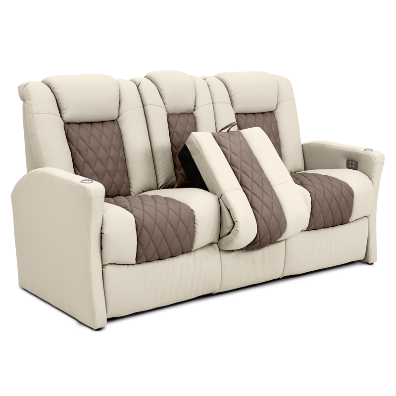 Qualitex Monument RV Double Recliner Sofa, Ultimate Leather, Powered Headrest, Heat & Massage, Power Recline