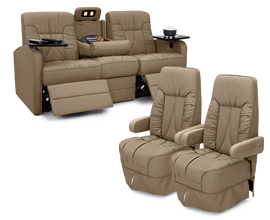 Qualitex Chariot 3-Piece RV Furniture Package, 2x De Leon RV Captain Chairs, 1x De Leon RV Double Manual Recliner, Ultimate Leather