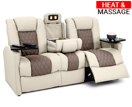 Qualitex Monument RV Double Recliner Sofa, Ultimate Leather, Powered Headrest, Heat & Massage, Power Recline