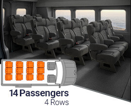 Qualitex Sprinter VIP Cargo Van Seat (2007-2018, & 2019+), 14 Passengers, 4 Rows, Long Wheel Base, Ultimate Leather